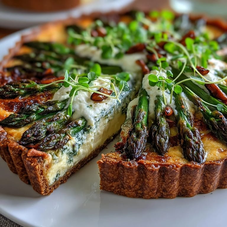Bright green asparagus arranged over a luscious cheese spread on buttery puff pastry, baked to golden perfection and garnished with chives.