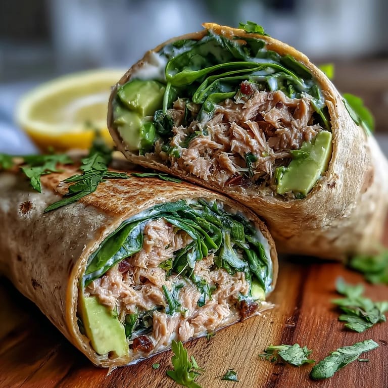Fresh tuna avocado wraps packed with protein, vibrant spinach, and zesty lemon, perfect for a healthy lunch or on-the-go snack.