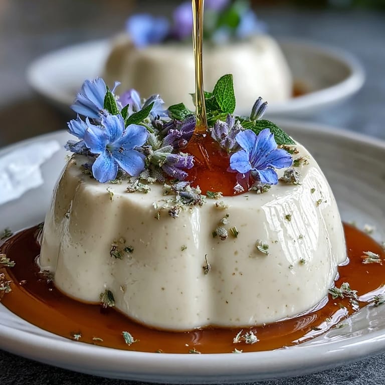 Silky Italian panna cotta infused with honey and lavender, drizzled with extra honey and garnished with fresh berries.