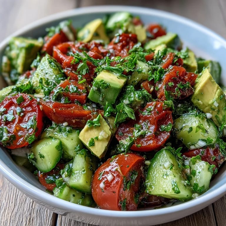 Creamy avocado and crisp cucumber combine in this refreshing salad, topped with a bright lemon vinaigrette.  