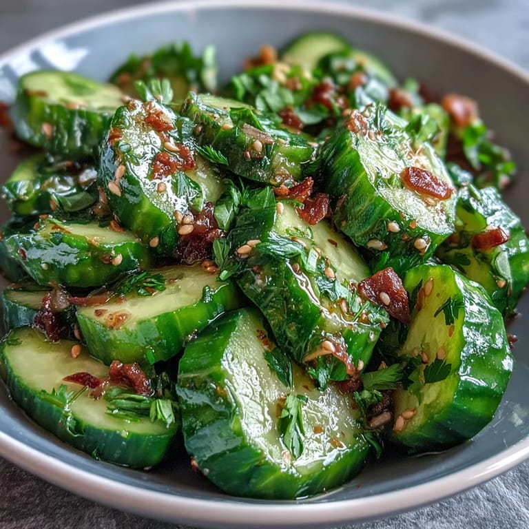A refreshing, colorful cucumber salad with scallions, sesame seeds, and aromatic garlic chili oil.