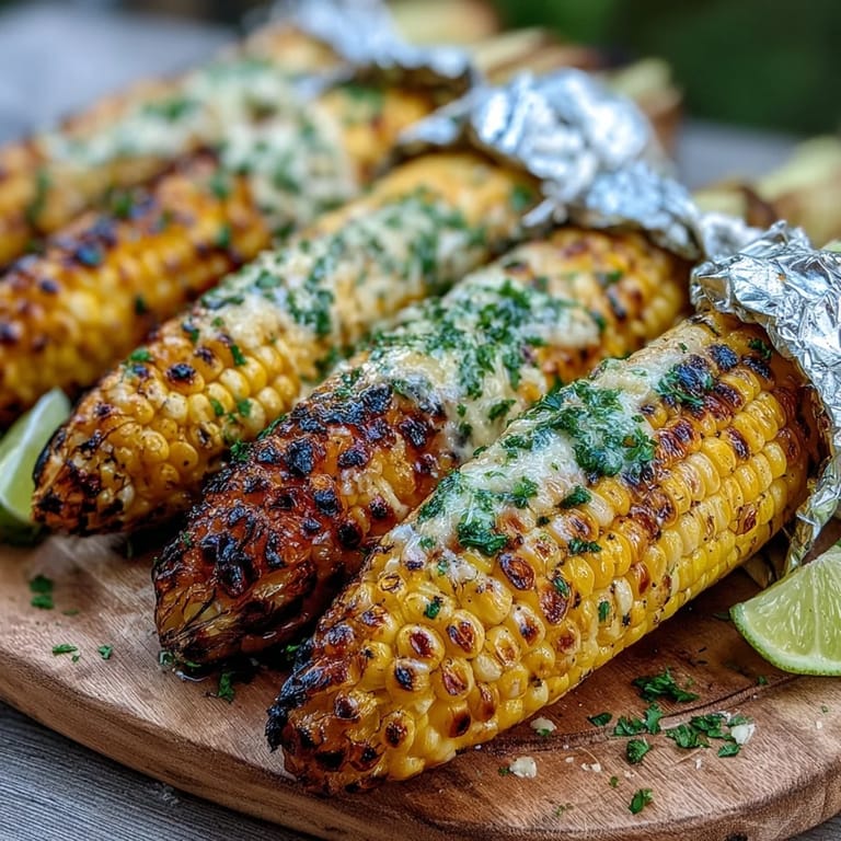 Sweet corn on the grill wrapped in foil, slathered with fragrant herb butter, tender and smoky.