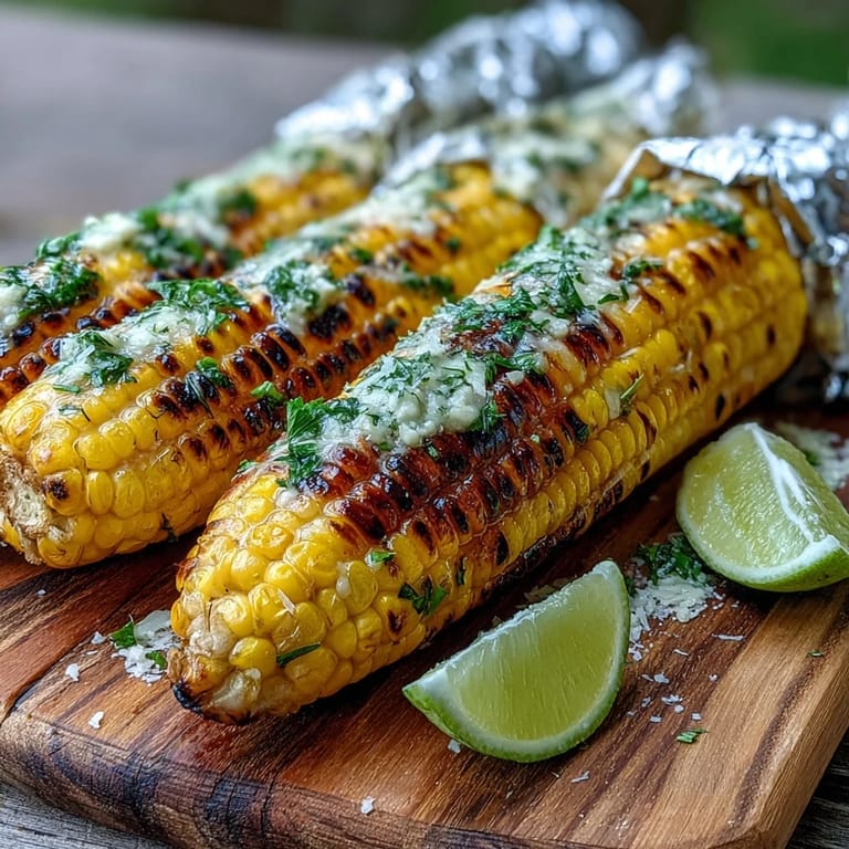 BBQ corn in foil with herb butter, charred to perfection and ready to serve with a sprinkle of Parmesan.