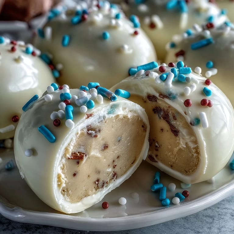 Creamy peanut butter centers dipped in smooth white chocolate and topped with rainbow sprinkles for a delightful Easter treat.
