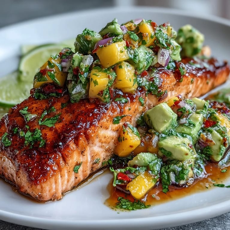 Flaky baked salmon with colorful mango avocado salsa, a refreshing summer dish perfect for healthy weeknight dinners.