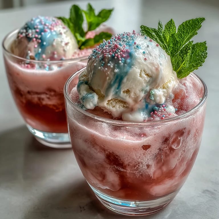 Whimsical Cotton Candy Lemonade Float served in a sprinkle-rimmed glass, topped with lemon slices and fresh mint for a festive treat.