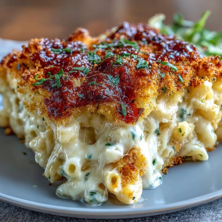 Rich and velvety mac and cheese bake, featuring sharp cheddar and Gruyère, topped with buttery panko breadcrumbs for a satisfying crunch.