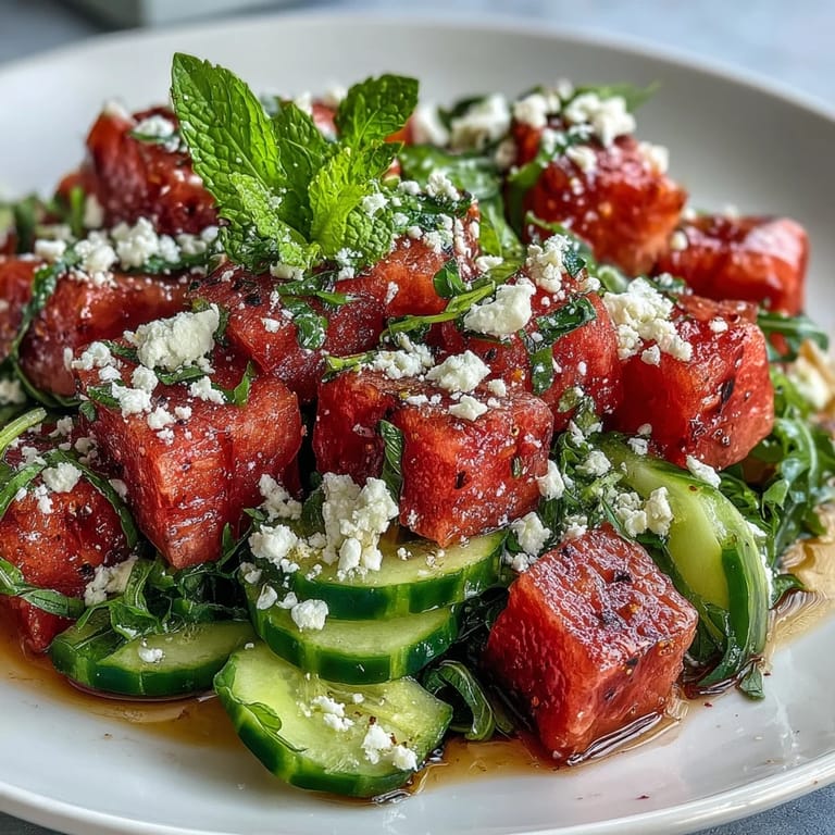 Colorful watermelon and arugula salad with crisp cucumber, red onion, and mint, topped with crumbled feta for a refreshing bite.