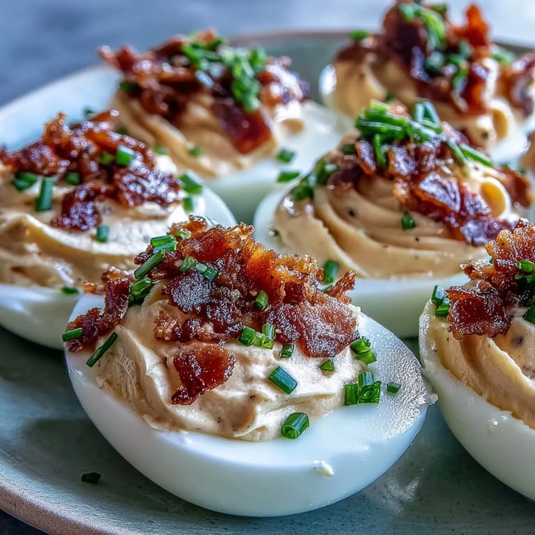 Tangy BLT Deviled Eggs topped with juicy tomatoes, crunchy bacon, and shredded romaine lettuce.