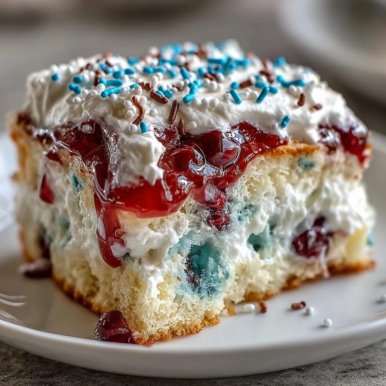 Beautifully swirled Red White Blue Poke Cake, a patriotic dessert centerpiece.