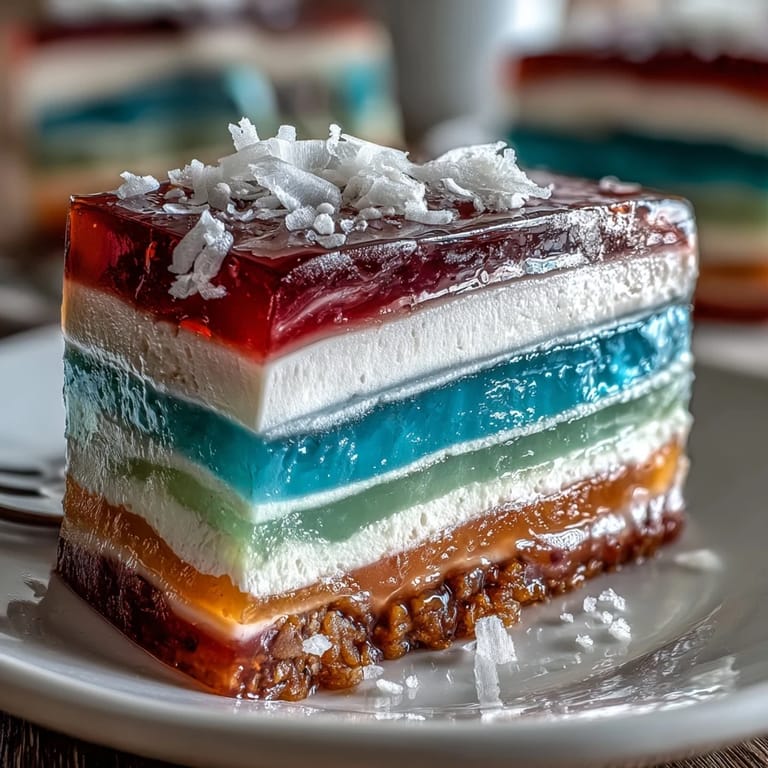 Beautifully layered Rainbow Jelly Cake dessert, ready to be sliced and enjoyed now.