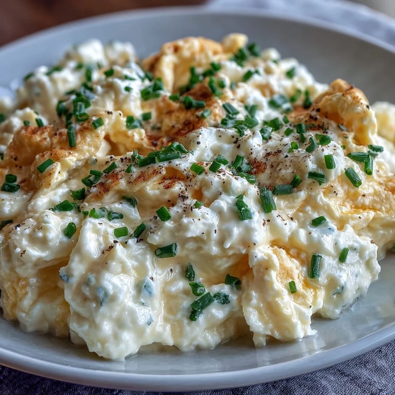 High-protein cottage cheese scrambled eggs served steaming hot with fresh chives.