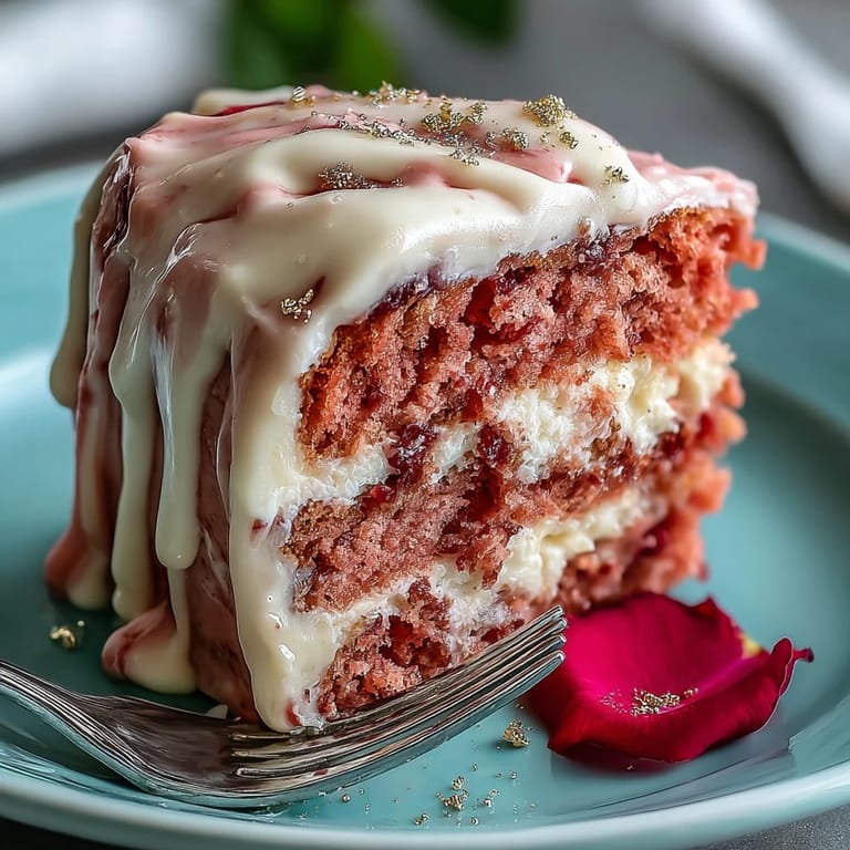 A moist, pink rosé velvet cake frosted and dripping with edible gold.