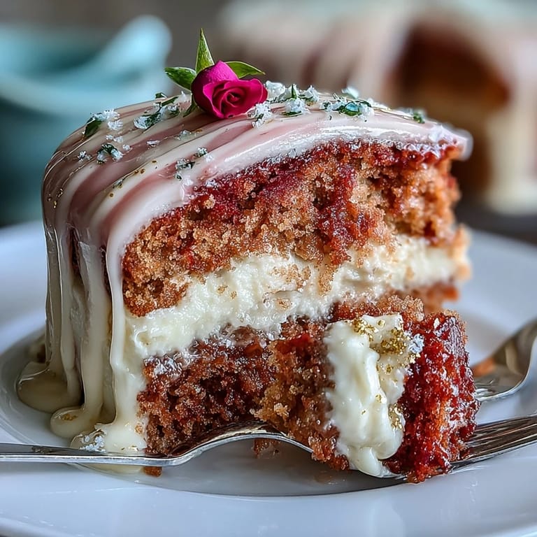 This vibrant Rosé Velvet Cake is perfect for celebrations, showcasing a golden drizzle.