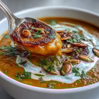 Creamy butternut squash soup garnished with pumpkin seeds and fresh parsley.