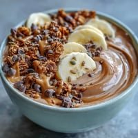 Chunky Monkey Smoothie Bowls swirled into a bowl, topped with sliced bananas, maple granola, and a dusting of cocoa powder.