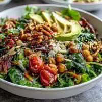 A vibrant Mixed Greens Power Bowl filled with fresh spinach, arugula, cherry tomatoes, cucumber, and avocado slices.  