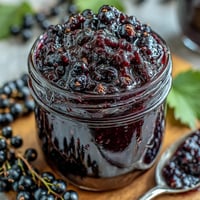 A jar of glossy Homemade Black Currant Jam, its deep purple spread glistening beside a slice of buttered toast and a vintage spoon.