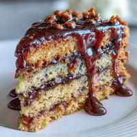 Golden slices of moist PB and J cake with black currant sauce, ready to serve.