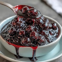 A glossy, vibrant black currant sauce with a tangy-sweet flavor, perfect for drizzling over cheesecake or ice cream.