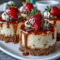 Housewarming Mini Cheesecakes with fresh berries and whipped cream on a dessert platter.