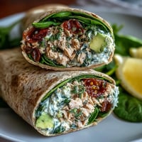 Healthy Easy 5-Ingredient Avocado Tuna Wraps filled with creamy avocado, flaky tuna, and fresh spinach in whole wheat tortillas.