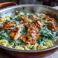 One-Pot Lemon Orzo with Chicken and Spinach in a creamy skillet meal with tender chicken and fresh spinach.