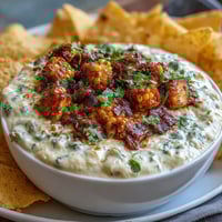 Creamy elote dip with charred corn, cotija cheese, and lime, served with crispy tortilla chips for a zesty appetizer.