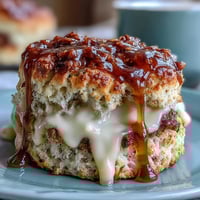 Delicate spring scones with golden dandelion petals and a drizzle of honey, served warm with rich clotted cream for brunch.