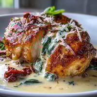 Creamy Tuscan Chicken with Sun-Dried Tomatoes in a rich Parmesan sauce with spinach and basil.
