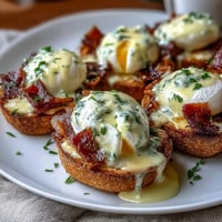 Classic Eggs Benedict with rich hollandaise sauce, poached eggs, and Canadian bacon on toasted English muffins for a luxurious brunch.