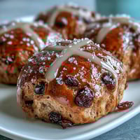 Warm spiced hot cross buns with orange glaze, studded with currants and baked to golden perfection for Easter brunch.  