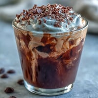Velvety chocolate cream floats atop chilled cold brew coffee, garnished with chocolate syrup and cocoa powder for a decadent treat.