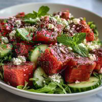 Vibrant watermelon and arugula salad with creamy feta, juicy fruit, and peppery greens, drizzled with zesty lime vinaigrette.  