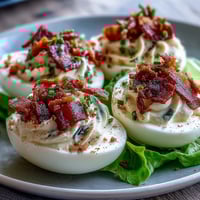 Creamy BLT Deviled Eggs with Crispy Bacon and Fresh Lettuce, perfect for a party platter.