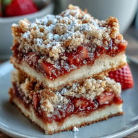 Golden strawberry rhubarb crumble bars dusted with cinnamon sugar topping.