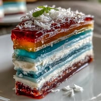 Vibrant Rainbow Jelly Cake with coconut cream, a stunning dairy-free dessert.